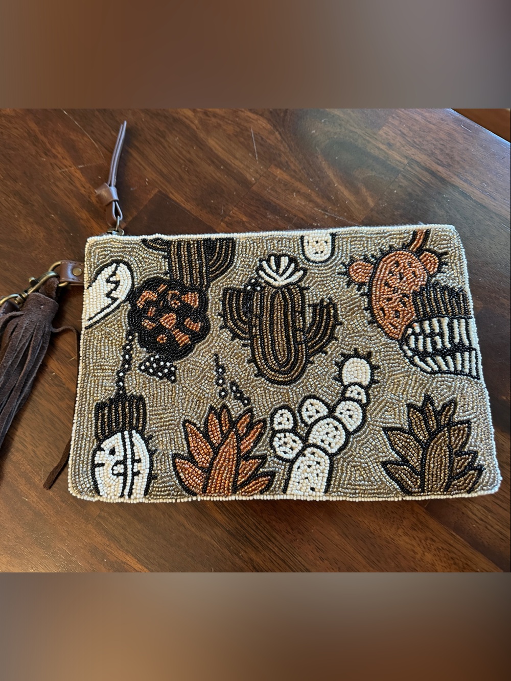 Shyanne Beaded Cactus Wristlet Clutch - Brown, Tan, Black